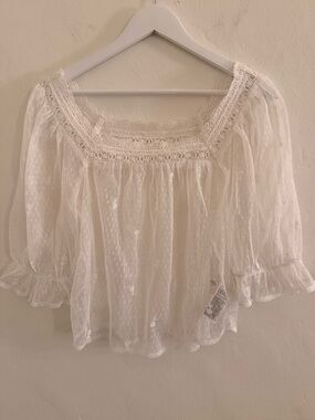 GAP White Sheer Lace-Trim Square Neck Blouse